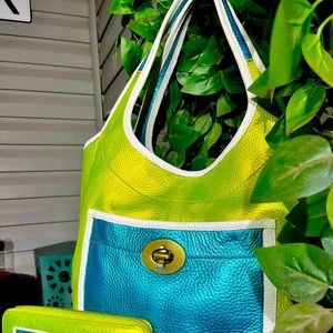 IRIDESCENT NEON Green, Teal & White Leather Large Coach Purse & Wallet